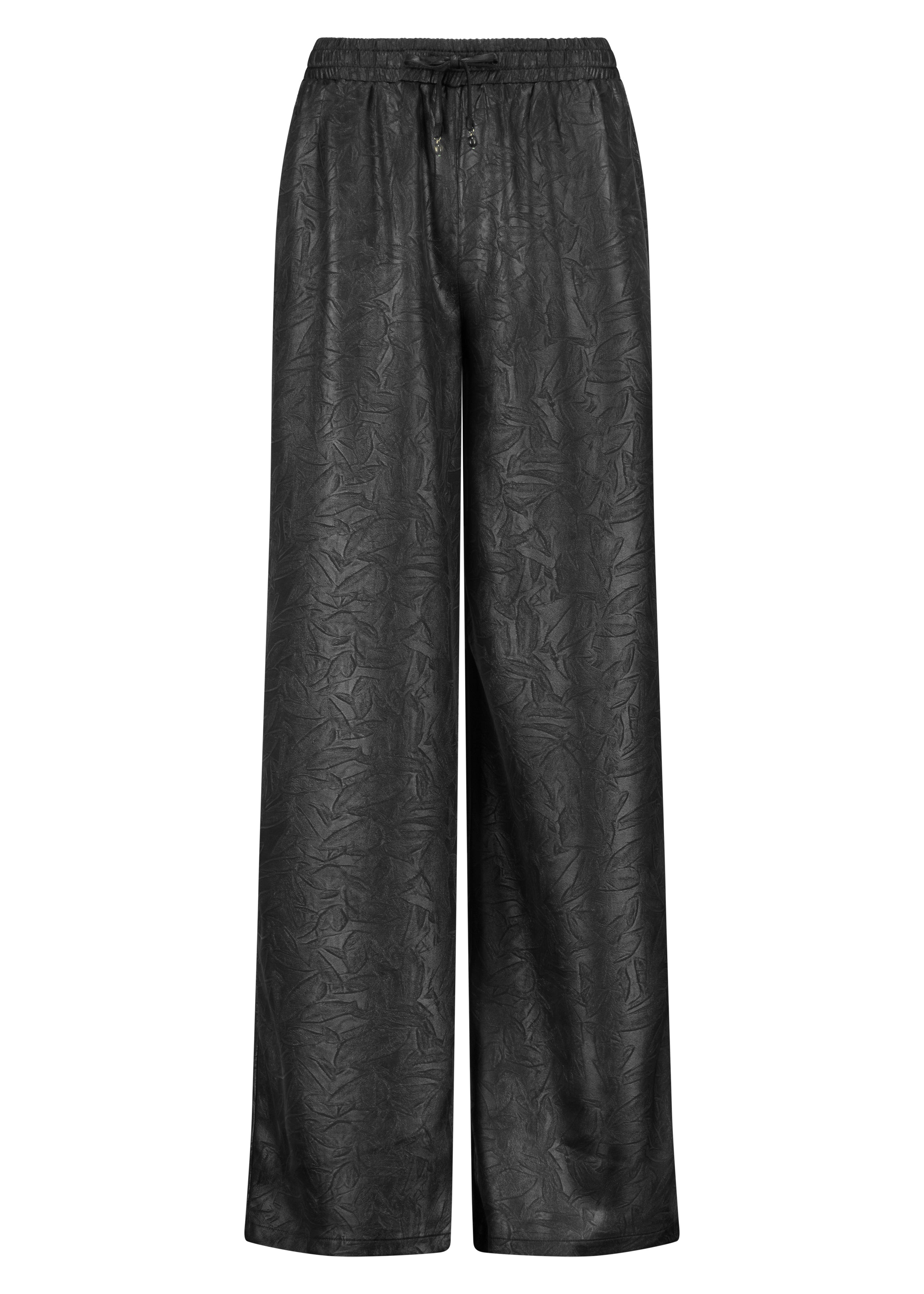 Black textured wide-leg pants on a white background