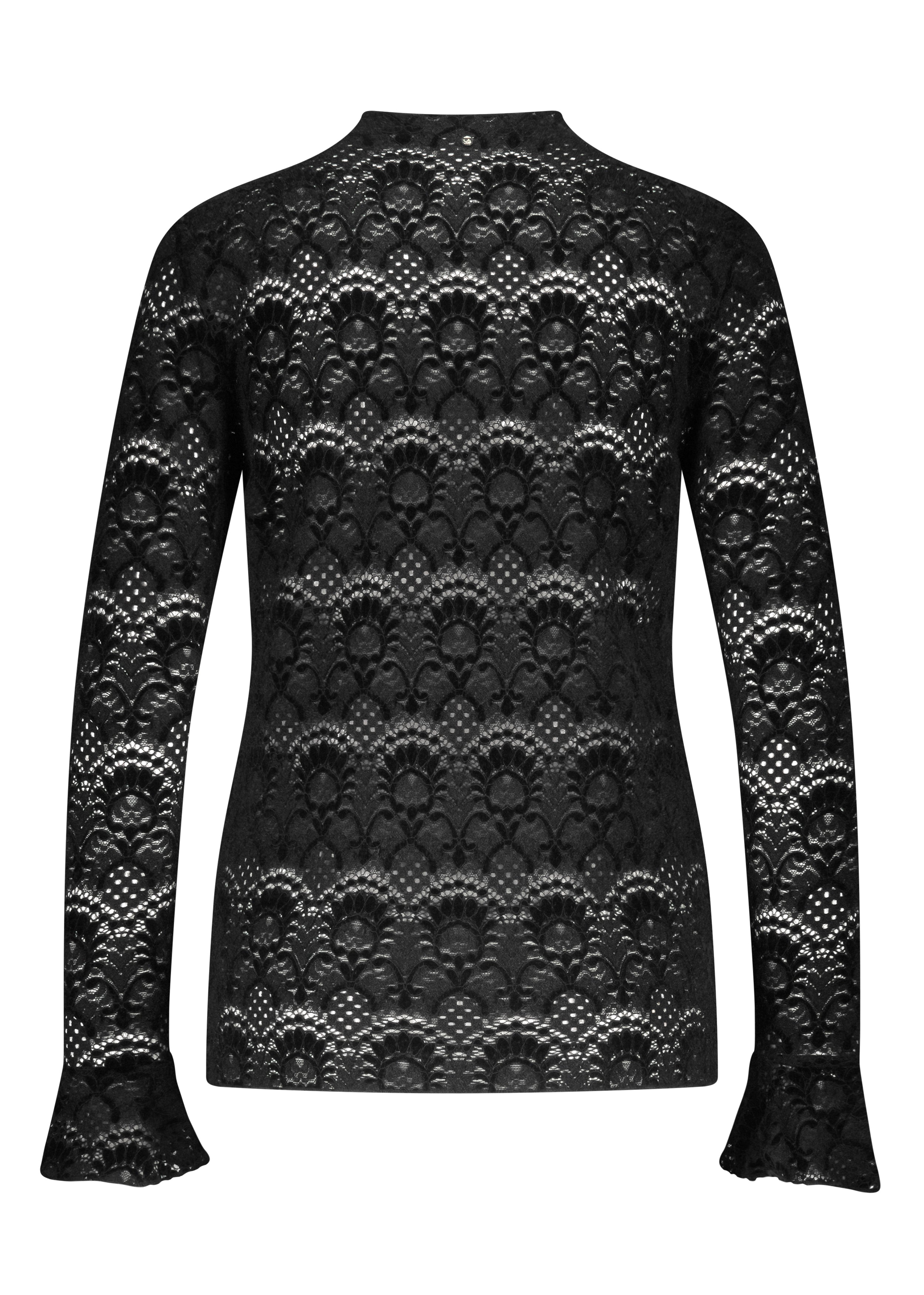 Black lace long-sleeve top on a white background