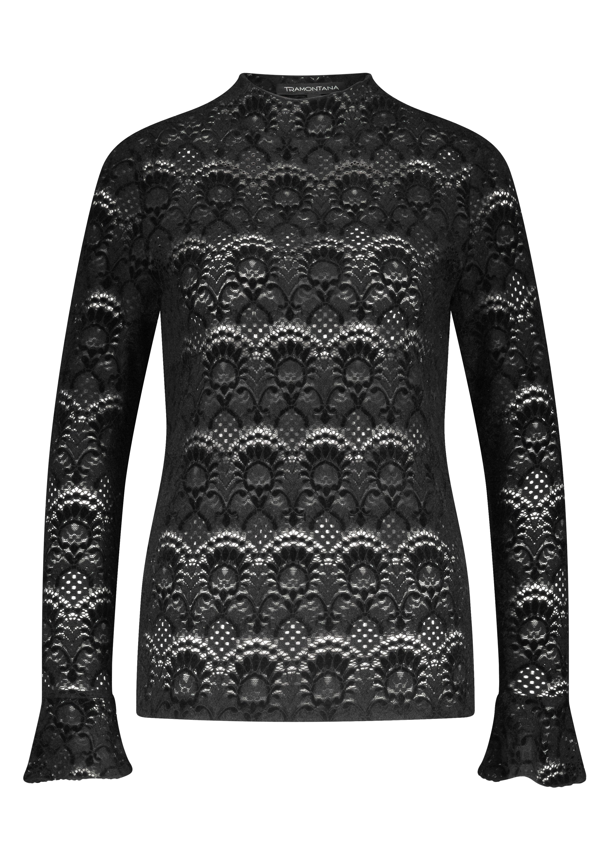 Black lace long-sleeve top on a white background