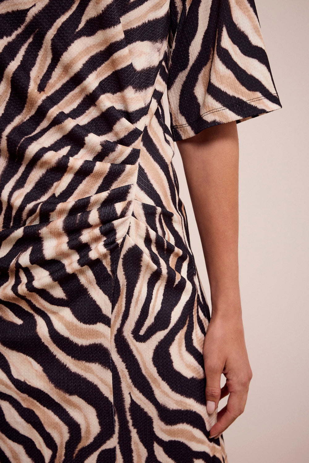 Zebra print dress with a neutral background