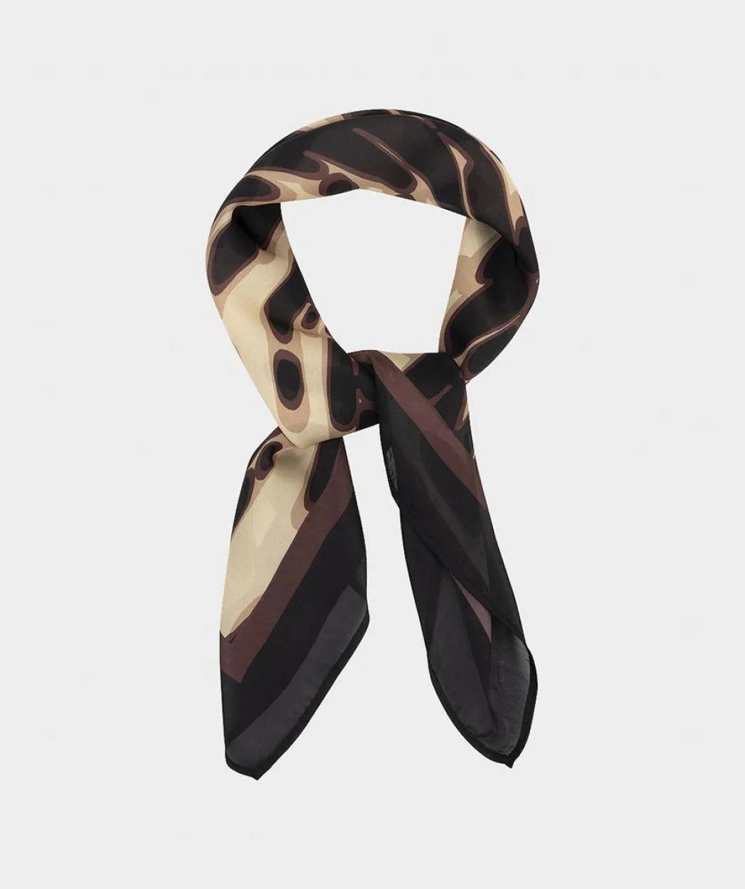 Square polyester scarf with an abstract animal-print pattern styled in a loop with the ends hanging down.