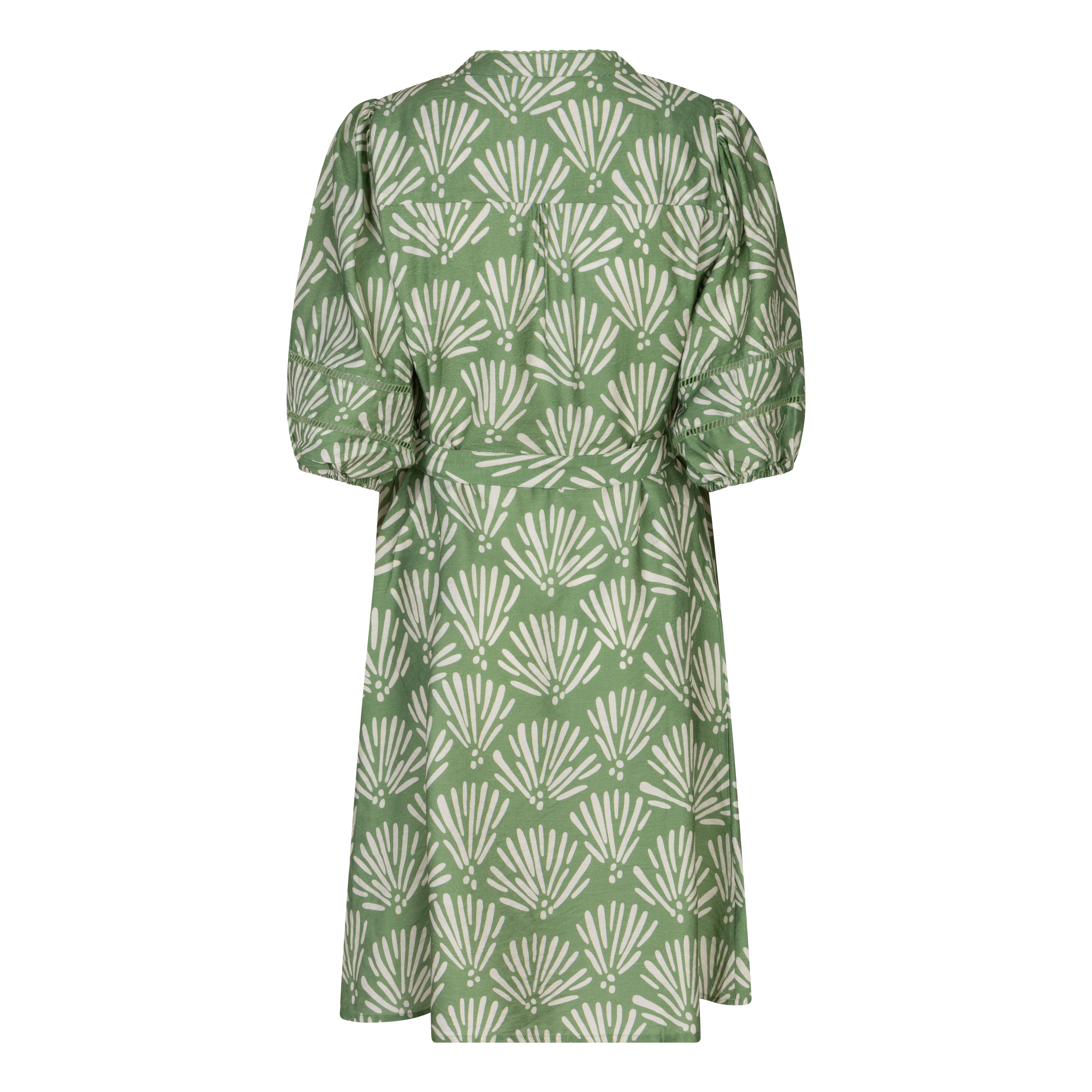 Back view of a green printed tie-waist day dress showing the all-over pattern, gathered sleeve detail, and lightly structured silhouette