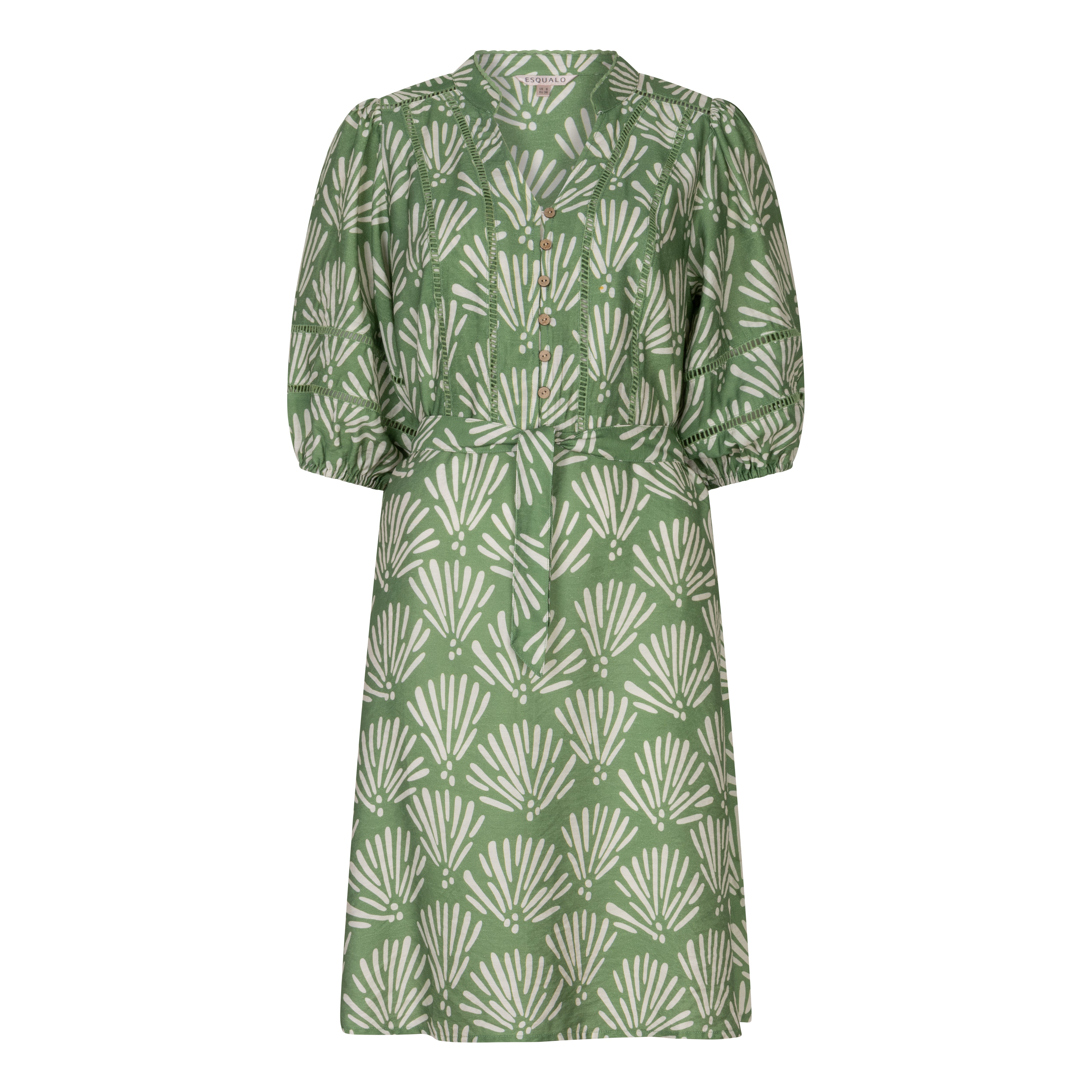 Front view of a green printed tie-waist day dress with button-front detail, three-quarter sleeves, and a soft collar neckline