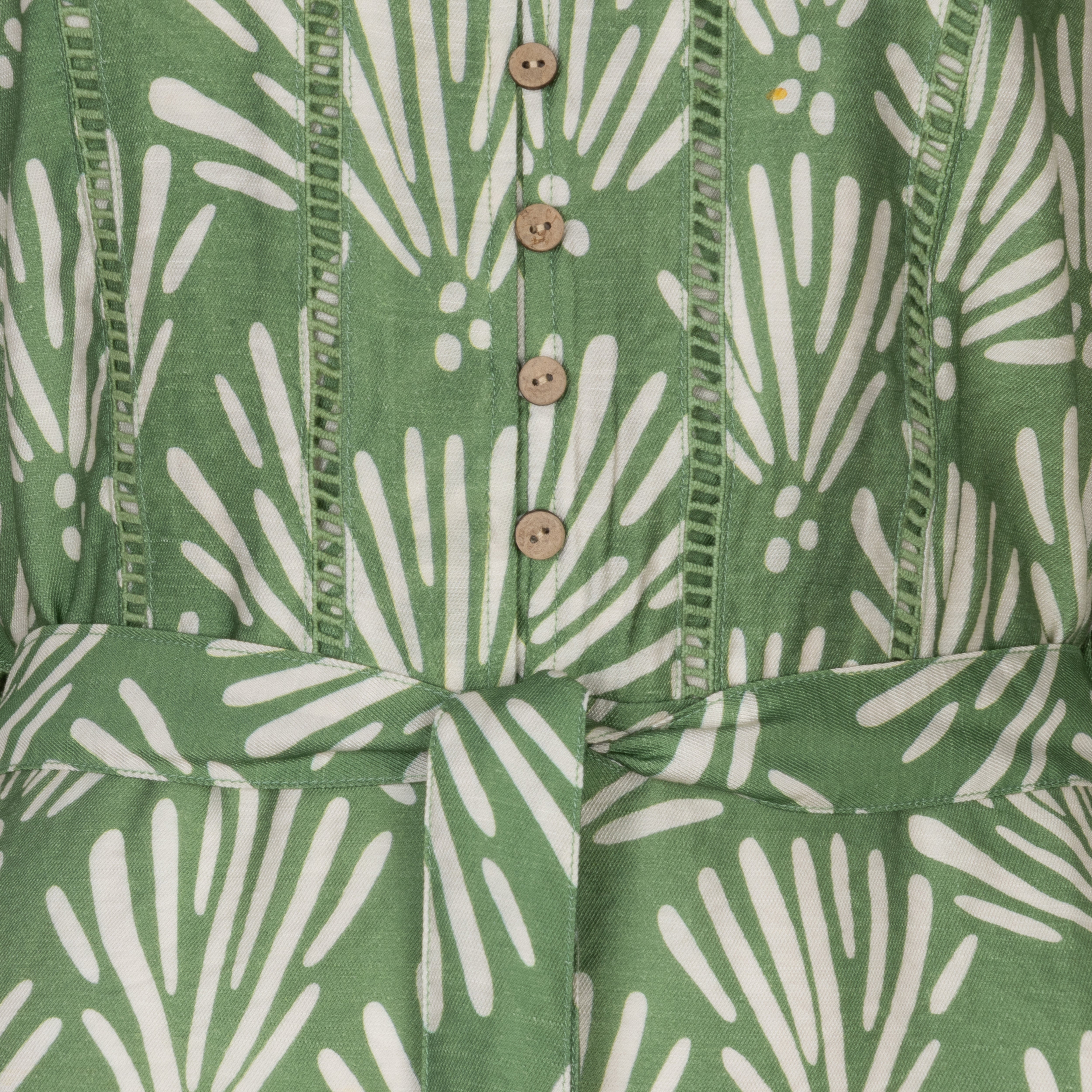green printed tie-waist day dress with button-front detail