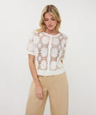 white short sleeve crochet cardigan featuring an open floral stitch pattern and ribbed hem, worn with light neutral trousers