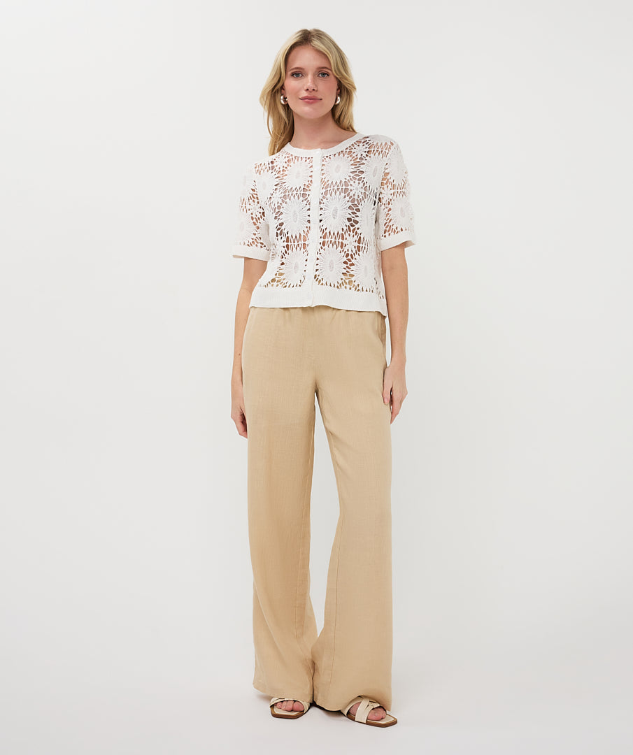 white short sleeve crochet cardigan featuring an open floral stitch pattern and ribbed hem, worn with light neutral trousers
