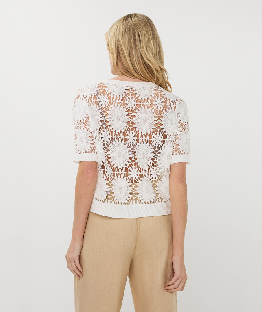 white short sleeve crochet cardigan featuring an open floral stitch pattern and ribbed hem, worn with light neutral trousers