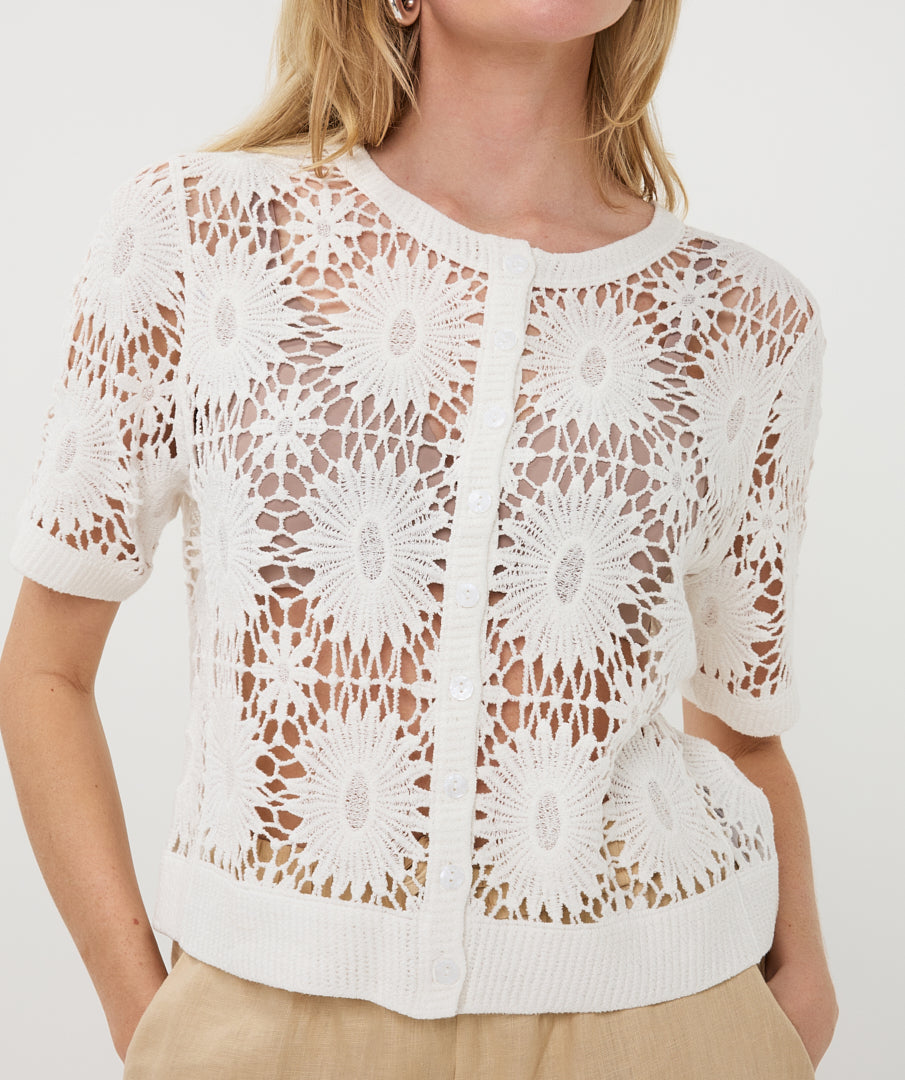 white short sleeve crochet cardigan featuring an open floral stitch pattern and ribbed hem, worn with light neutral trousers