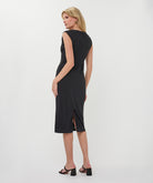 Women's sleeveless midi dress with a round neckline, side ruching, and a softly draped fit
