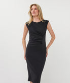Women's sleeveless midi dress with a round neckline, side ruching, and a softly draped fit