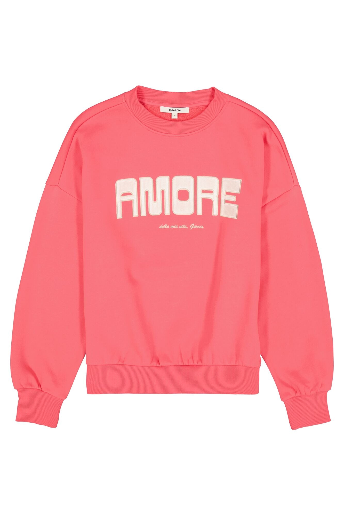 Relaxed-fit crewneck sweatshirt with long sleeves, ribbed trim, and “Amore” graphic lettering on the front.