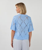 Back view of a light blue short-sleeve pointelle knit sweater featuring an open lattice pattern and relaxed silhouette.