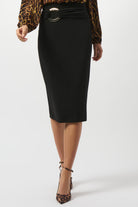 a close up image of a black pencil skirt with belt
