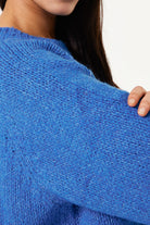Close-up of a blue textured sweater